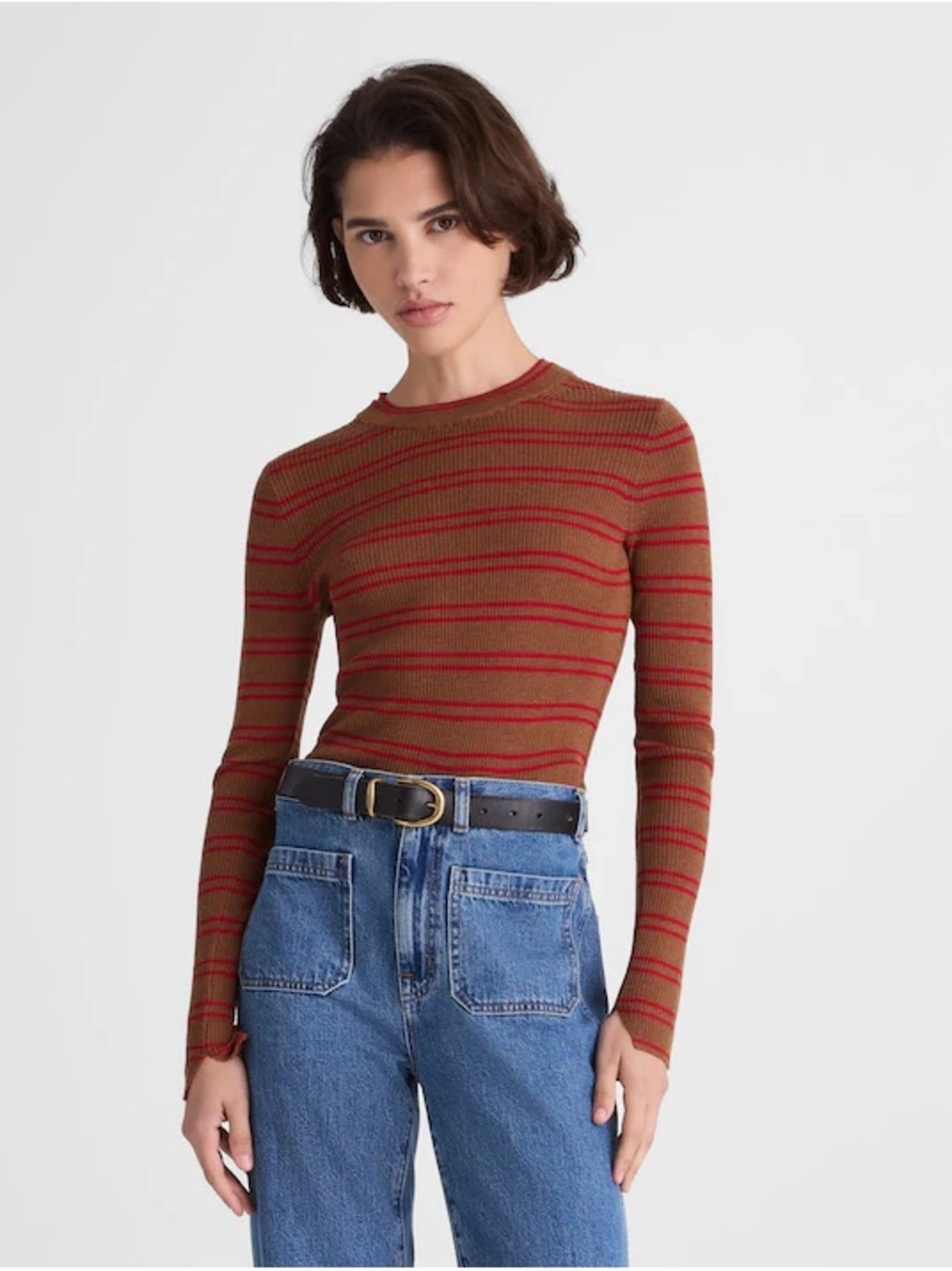 Madewell Ribbed Stripe Long Sleeve Top Tan Red Crewneck Knit NY441 NWT